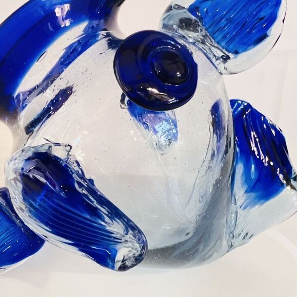 Blue Clear Hand Blown Art Glass Open Mouth Fish Vase Bowl Center Piece BEAUTIFUL - Picture 6 of 10